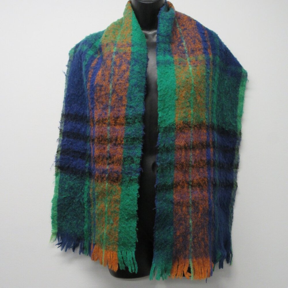 Vtg Field Manor Wool Blend Furry Plaid Scarf Fringe Edge Made in Italy 12" x 62"